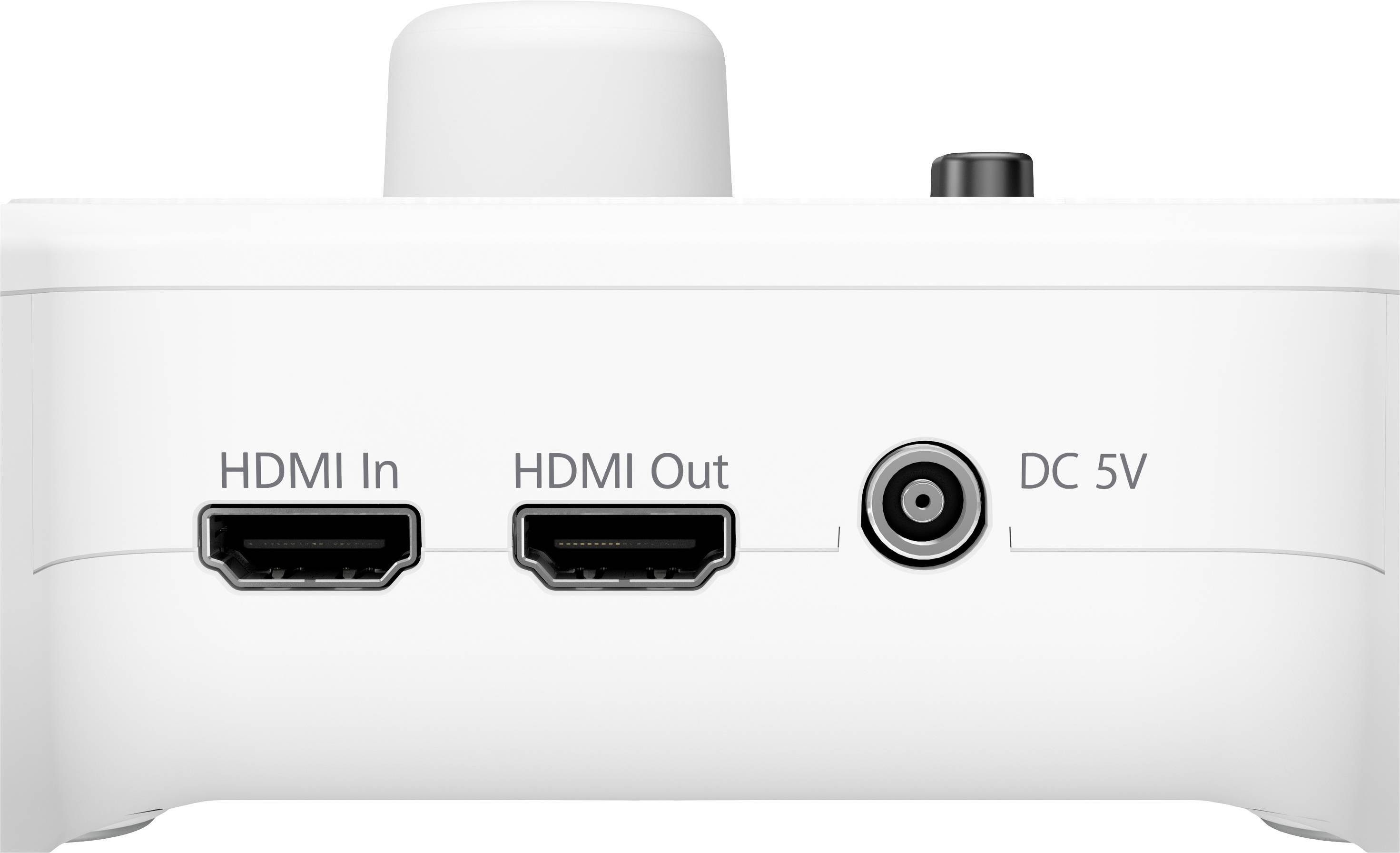 Pogled spredaj belega elektronskega naprave z HDMI vhodom, HDMI izhodom in DC 5V priključki.