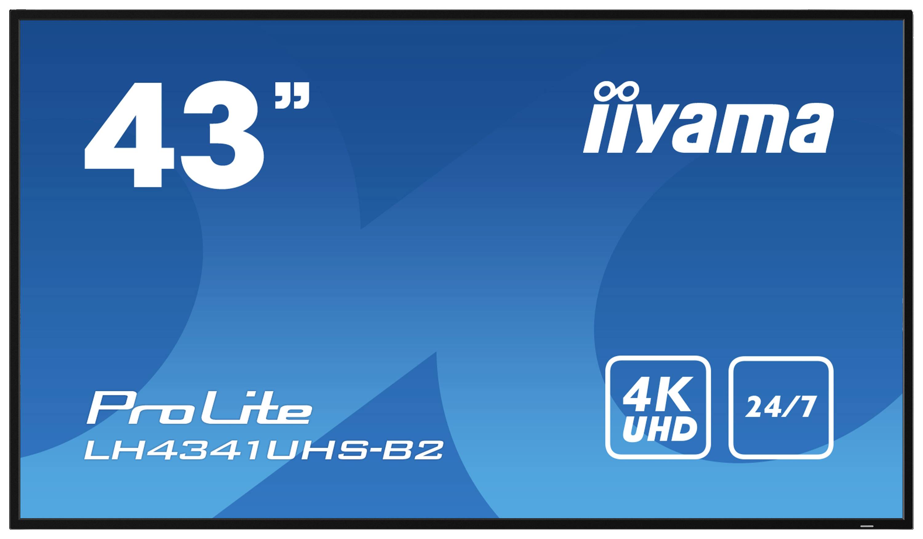 Moder zaslon z napisom 'iiyama ProLite LH4341UHS-B2'. Velikost 43 palcev, 4K UHD, primeren za neprekinjeno 24/7 delovanje.