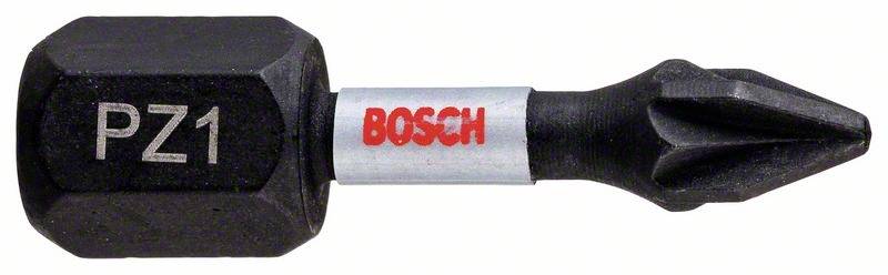 Črn vijačniški bit z napisom 'PZ1' in rdečim logotipom 'BOSCH'. Posebej oblikovana konica za križne vijake.