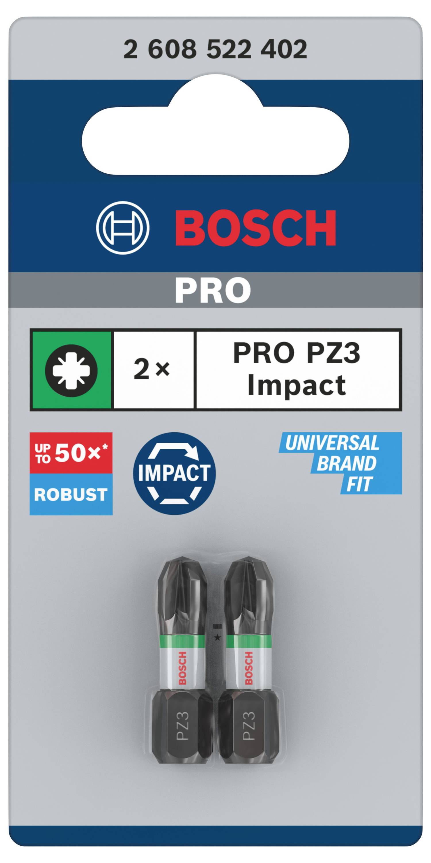 Embalaža z dvema Bosch PRO PZ3 Impact vijačnima nastavcema, robustna in univerzalno uporabna.