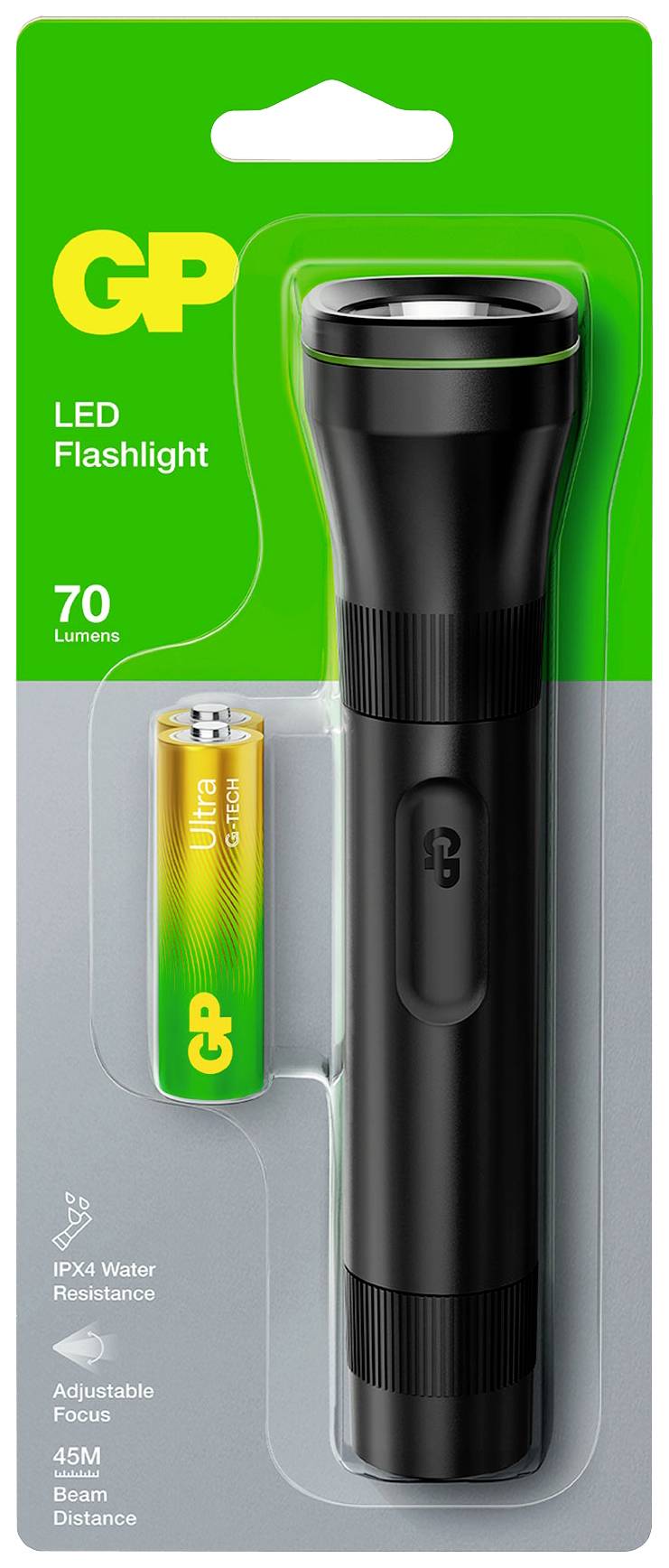 Črna LED-svetilka z logotipom GP ter priloženo baterijo na sivi podlagi. Embalaža poudarja 70 lumnov in vodoodpornost.