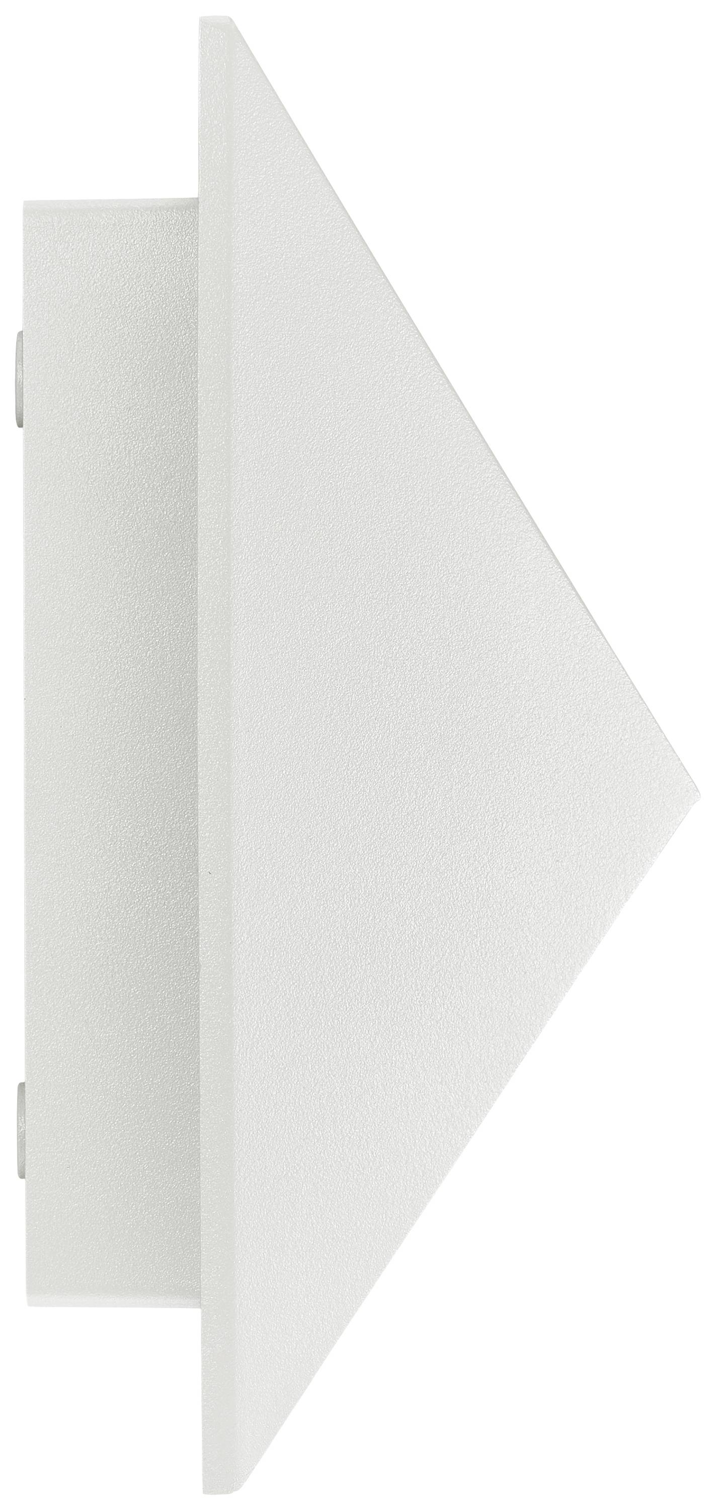 Bela trikotna stenska svetilka, stranski pogled; geometrijski dizajn.