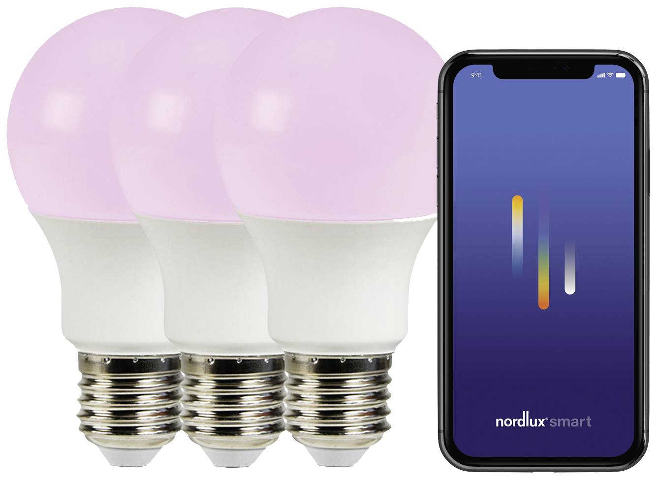 Tri pametne LED žarnice ob pametnem telefonu z odprtim programom za upravljanje osvetlitve.