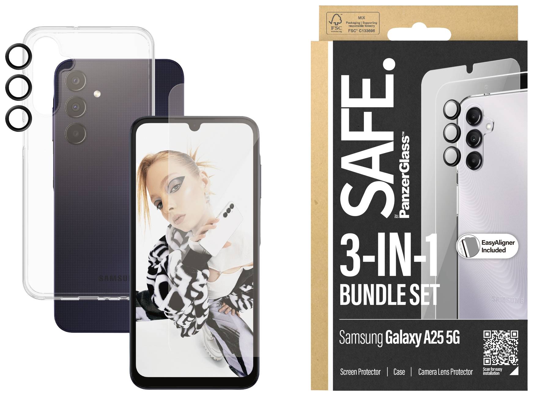 Pametni telefon s prosojnim ohišjem in zaščito objektiva; embalaža prikazuje 'SAFE PanzerGlass 3-V-1 KOMPLET' za Samsung Galaxy A25 5G.