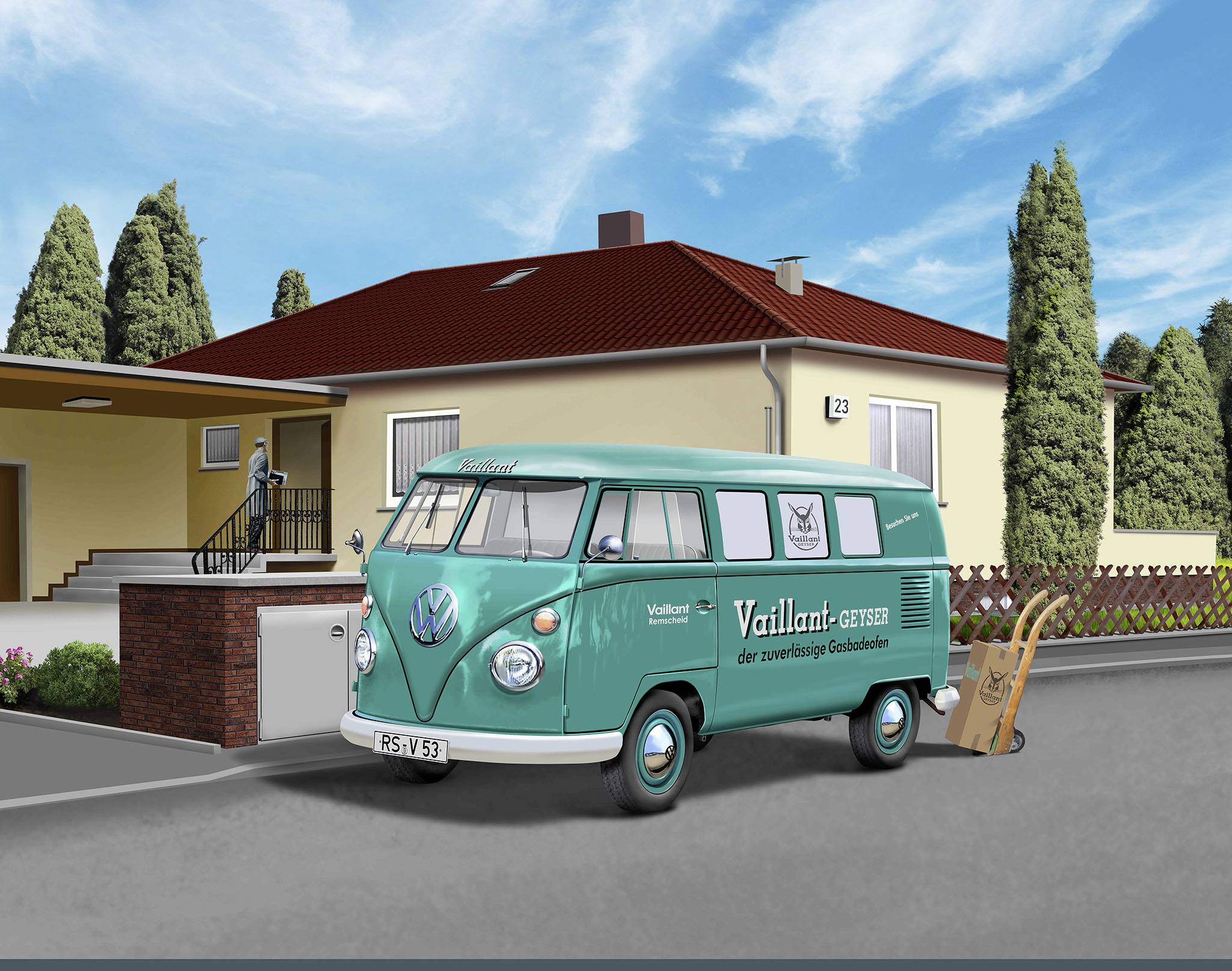 Turkizen VW-kombi z napisom 'Vaillant-Geyser' stoji pred hišo v stanovanjski soseski. Ob njem je samokolnica.