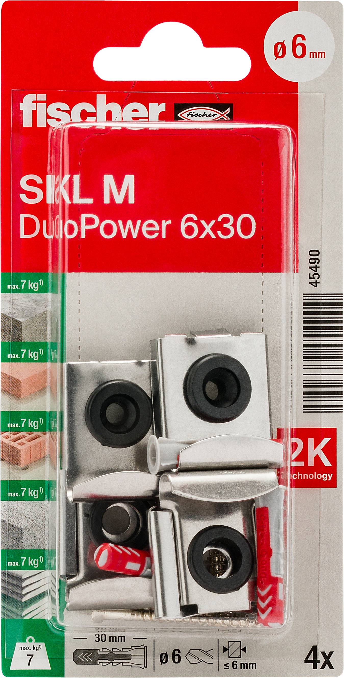 Paket Fischer DuoPower SKL M stenskih zakovičev, 6x30 mm, 4 kosi, za 6 mm vrtalne luknje in do 7 kg bremena.