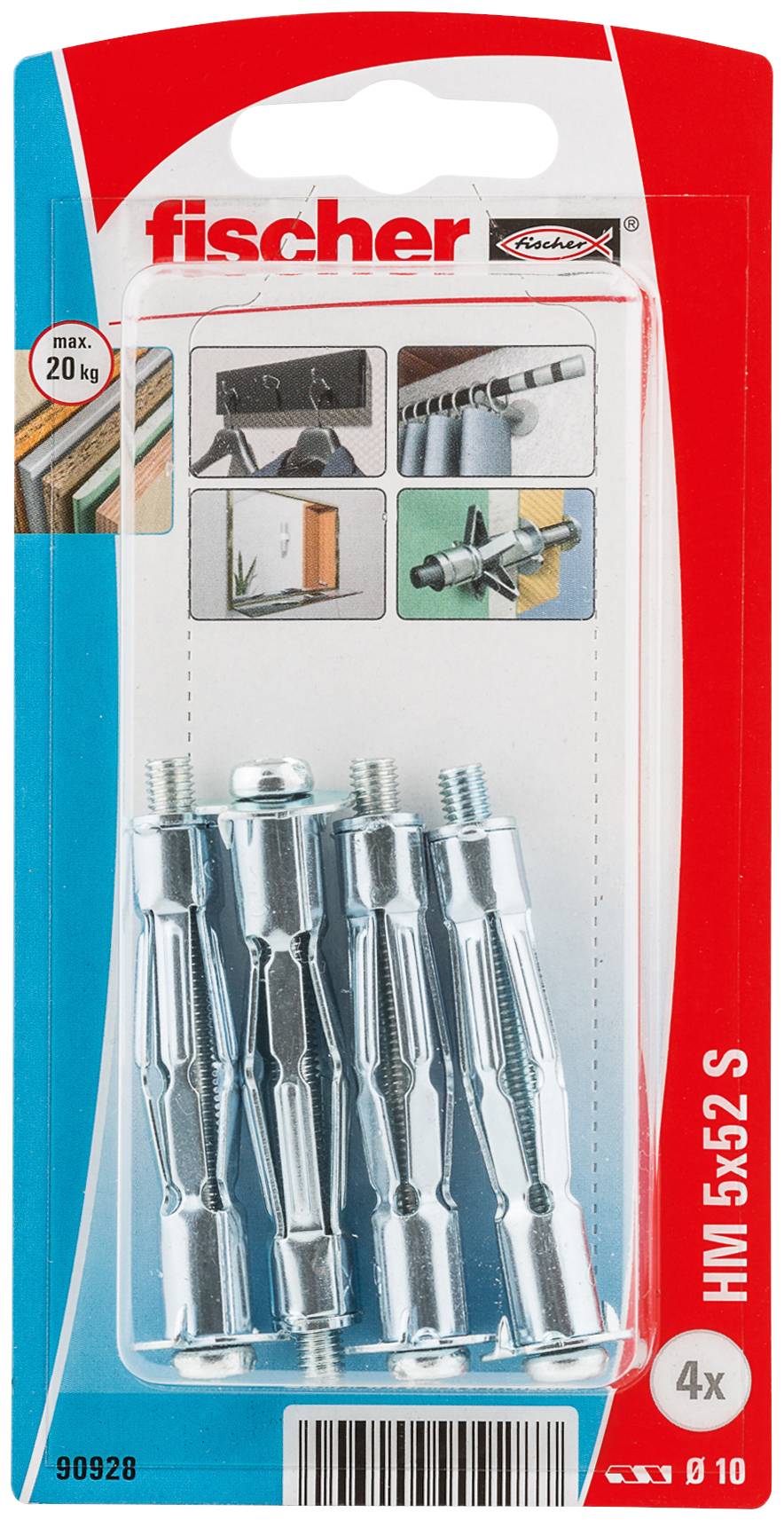 Paket 4 Fischer HM 5x52 S kovinskih stenskih sidrišč, max 20 kg, prikazan v mehurčkastom pakiranju z navodili za namestitev.