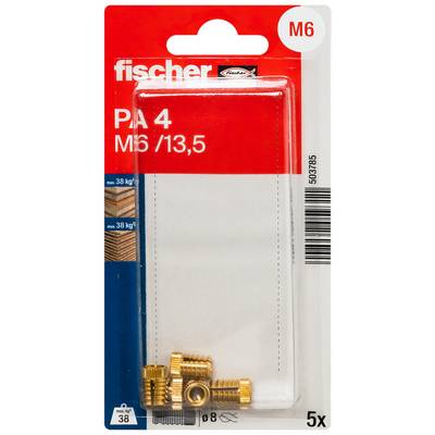 Paket kovinskih sponk Fischer PA 4 M6/13,5 za pritrditev na steno, s 5 messingnimi sponkami v prozorni embalaži.