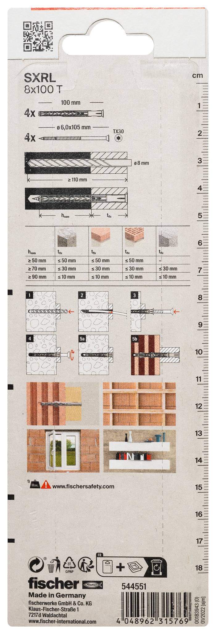 Embalaža proizvoda za fiškerjeve sidra fischer SXRL 8x100 T, ki prikazuje diagram velikosti, ilustracije uporabe obremenitve in tehnične specifikacije.