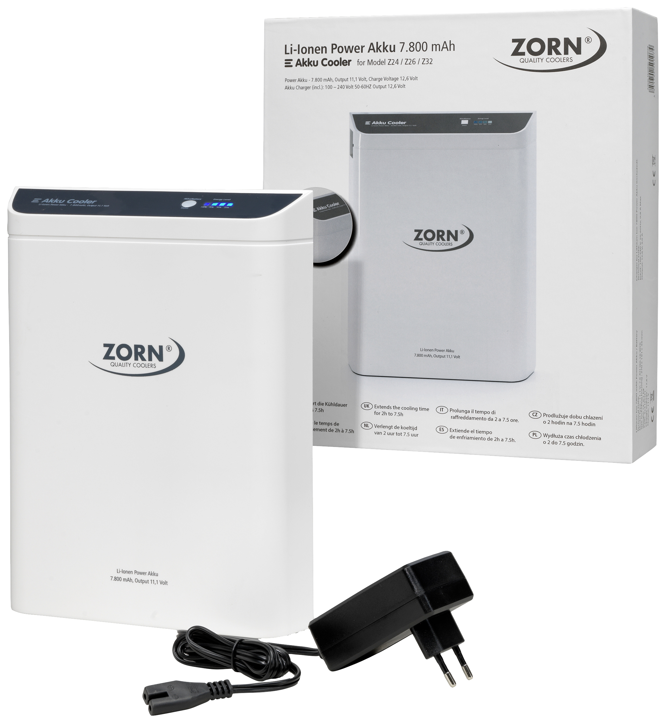 Bel litij-ionski akumulator 7800 mAh znamke Zorn, poleg njega embalaža in polnilni kabel s priključkom.