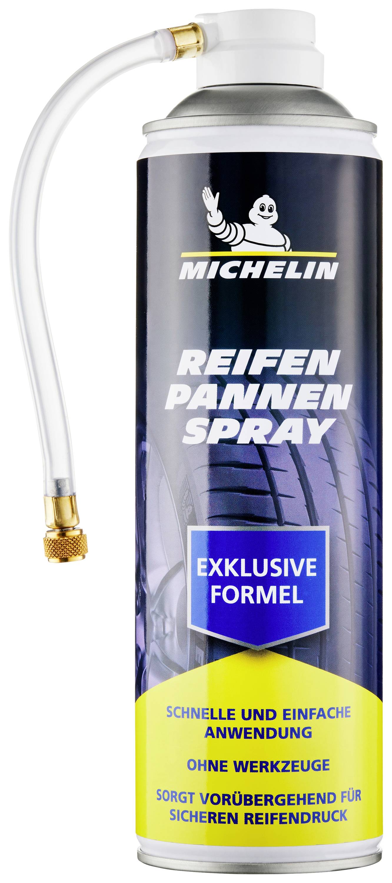 Ena pločevinka Michelin pnevmatskega spreja za hitro popravilo s cevjo. Napis: 'Ekskluzivna formula', za hitro in preprosto uporabo pri težavah s tlakom v pnevmatikah.