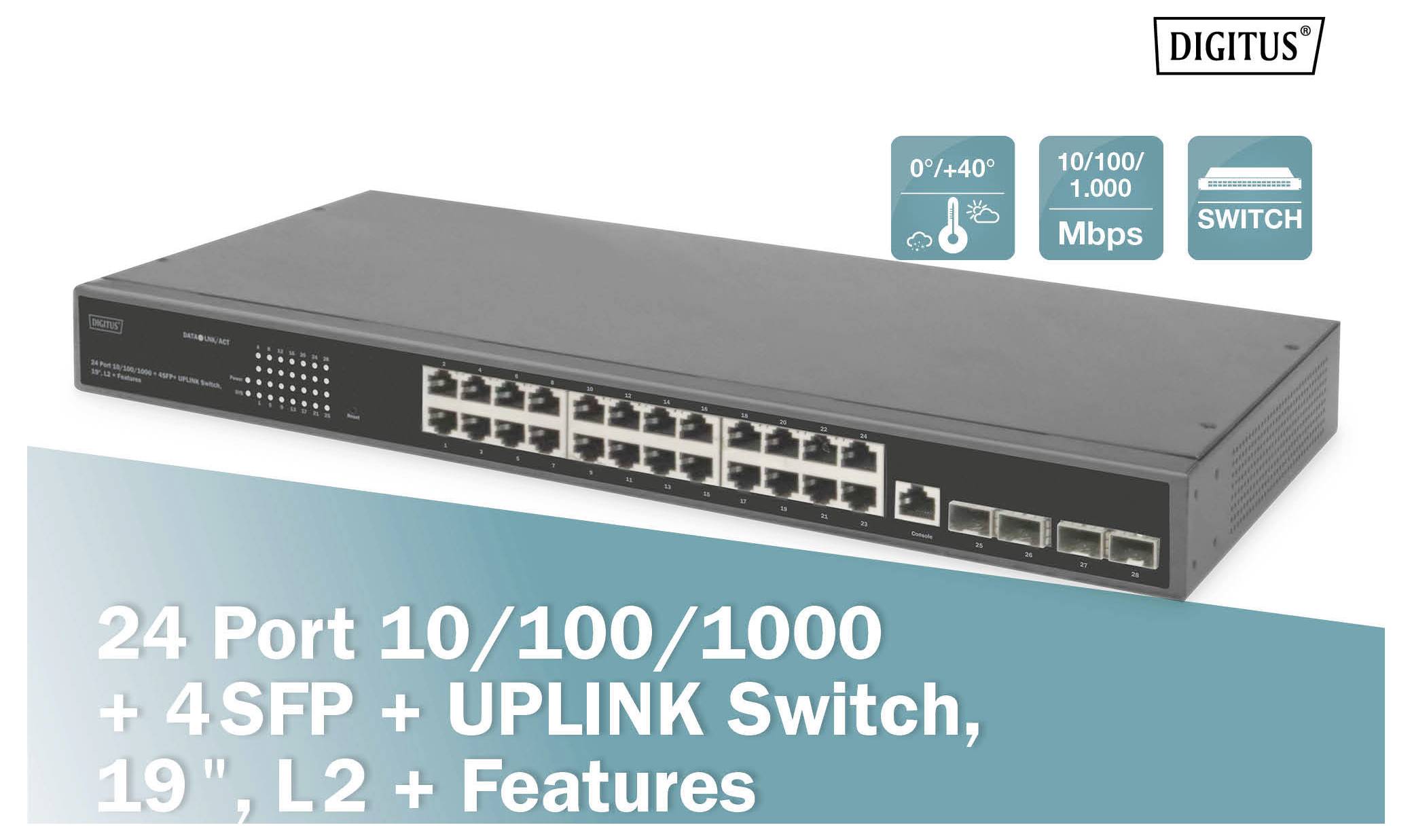 Mrežno stikalo 'Digitus' 24-portno, 10/100/1000 Mbps, 4 SFP + povezovalni uplink, 19 palcev, L2 funkcije. Slika izdelka z logotipom proizvajalca.