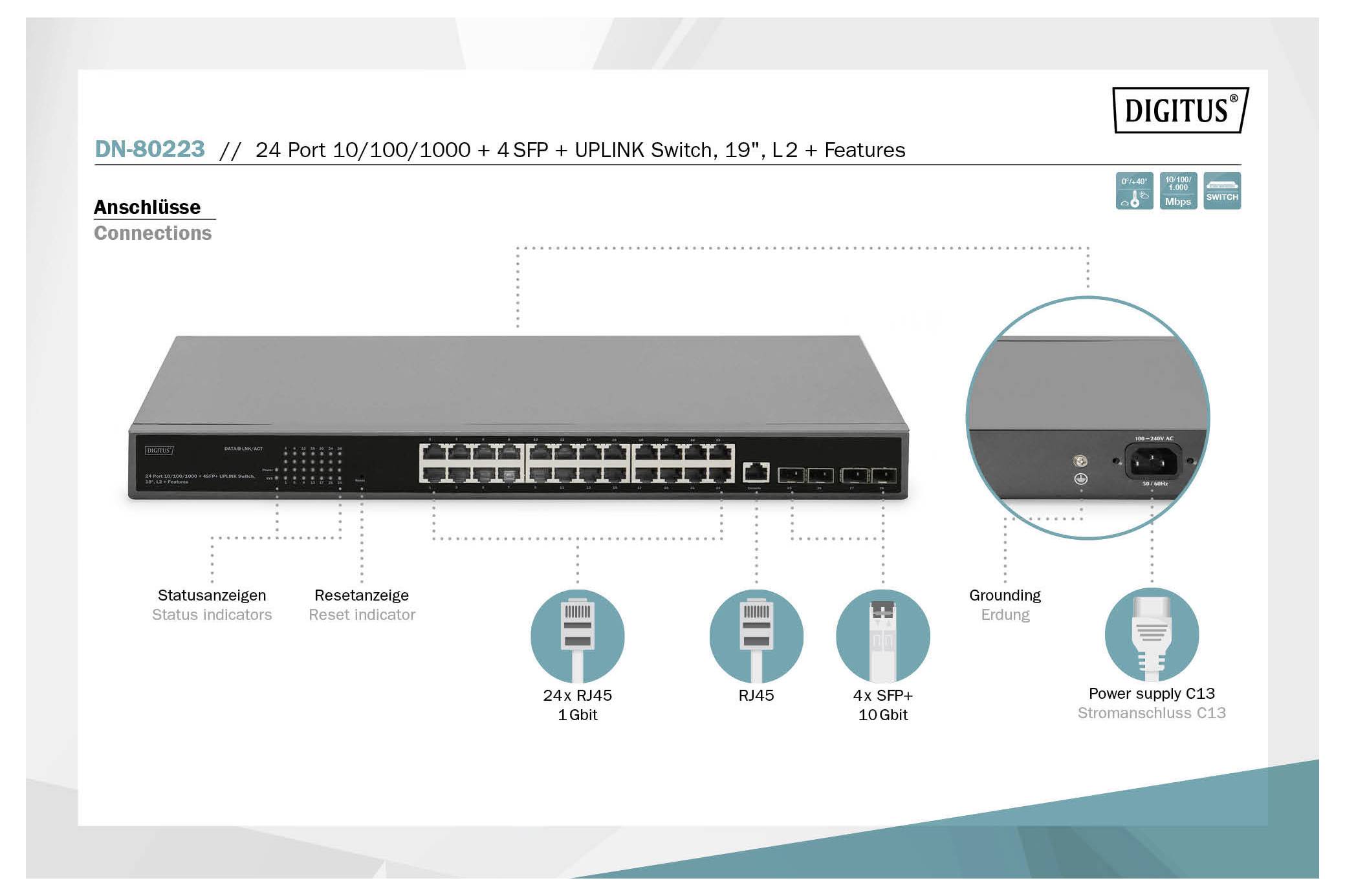 Mrežno stikalo 'DN-80223', 24 priključkov za 10/100/1000, 4 SFP, funkcija upravljanja, priključki: 24x RJ45, 4x SFP, napajanje.