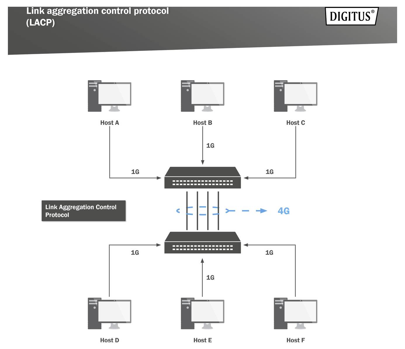Diagram prikazuje Link Aggregation Control Protocol (LACP) s 6 gostitelji, povezanimi preko dveh stikal. 4G povezava med stikaloma.