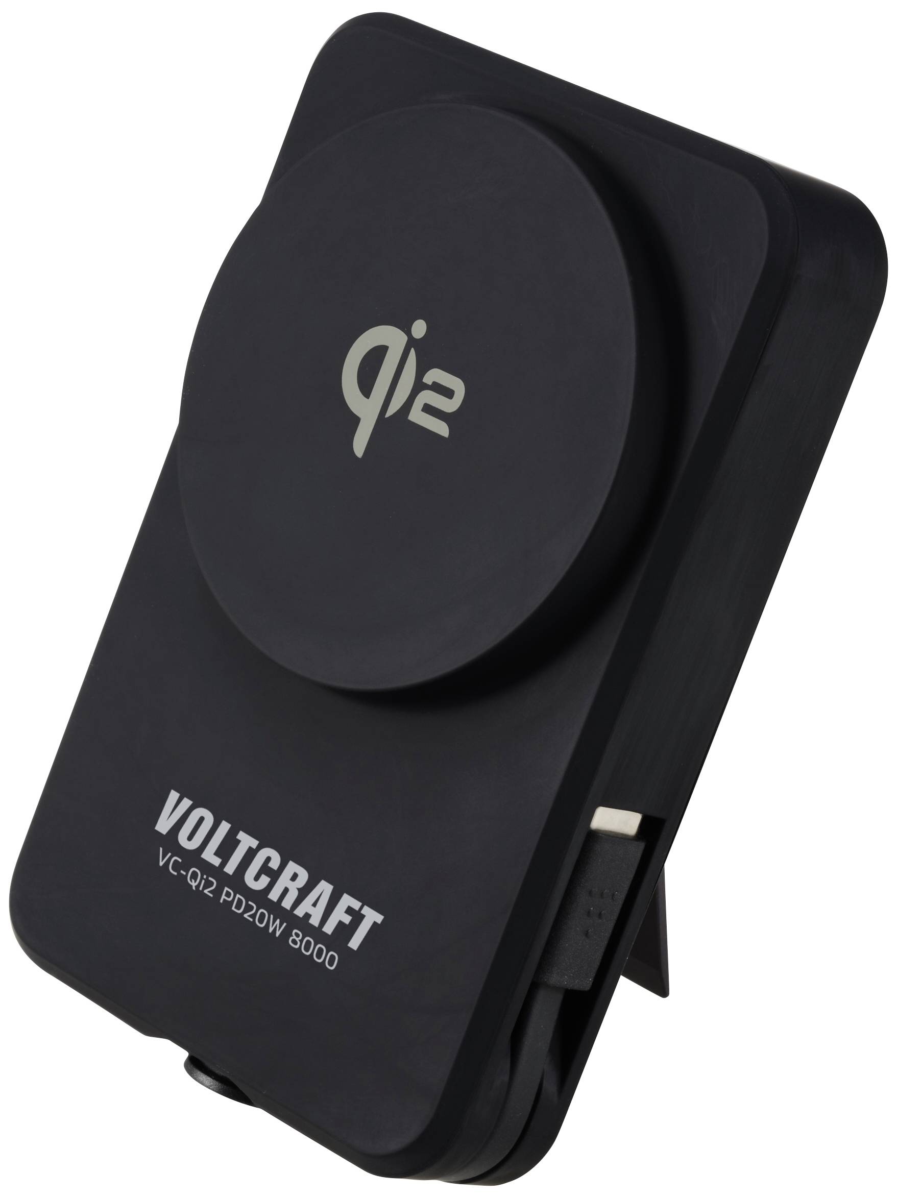 Prenosljiv polnilnik Qi2 tehnologije znamke Voltcraft, model VC-Q12 PD20W 8000, prikazan z USB priključkom.