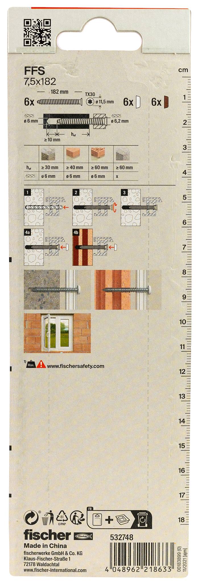 Hrbtna stran pakiranja Fischer strojnega materiala s QR kodo, diagrami proizvoda in koraki za namestitev, velikost 7,5x182, količina 6 in črtna koda na dnu.