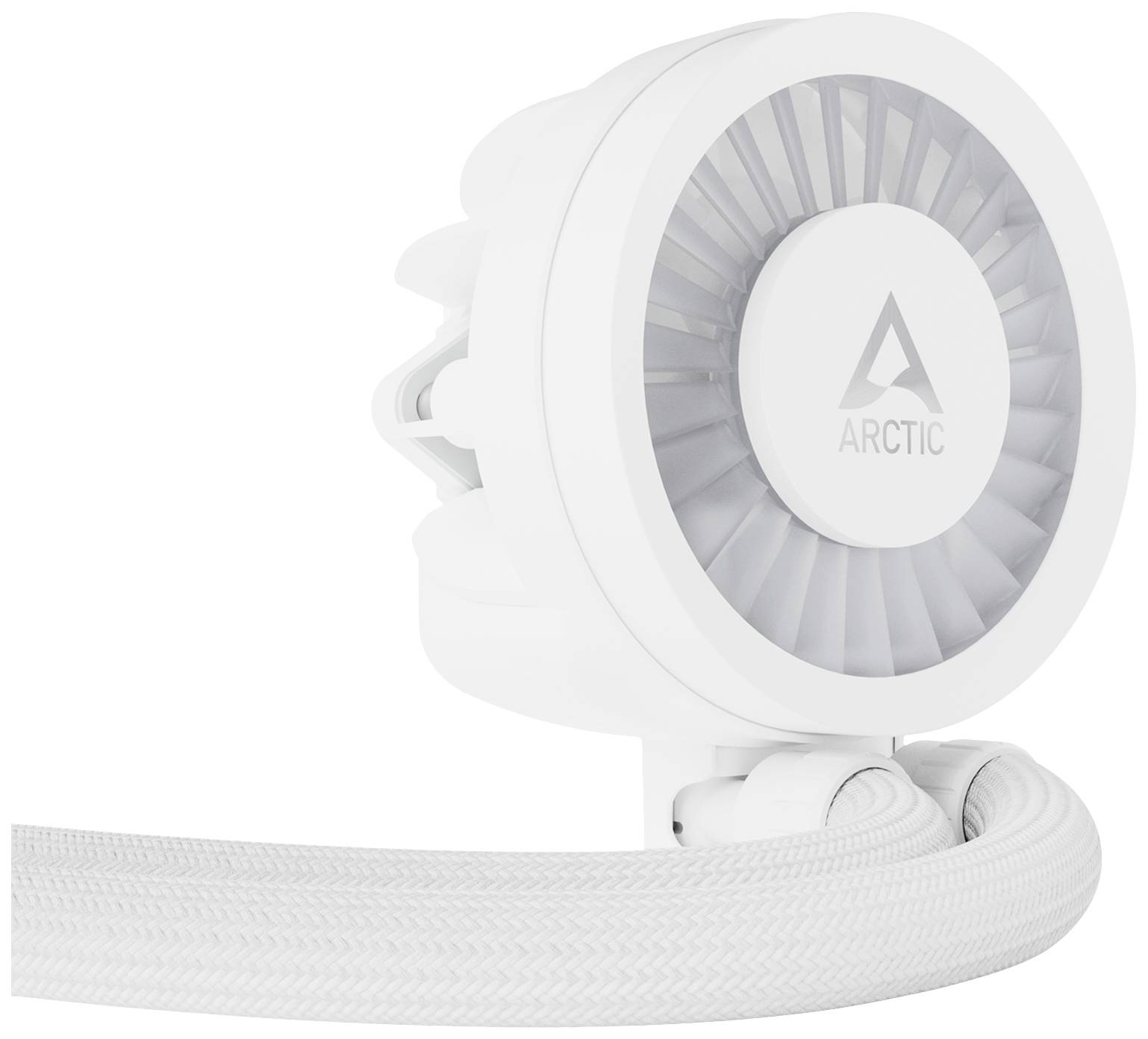 Bela enota ventilatorja za računalnik znamke Arctic, krožne oblike, povezana z belimi kabli.