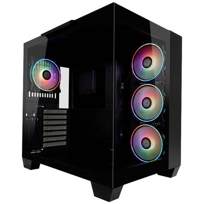 Črno ohišje računalnika s stranskim oknom prikazuje štiri svetleče RGB ventilatorje v različnih barvah. Nobena notranja komponenta ni vidna.