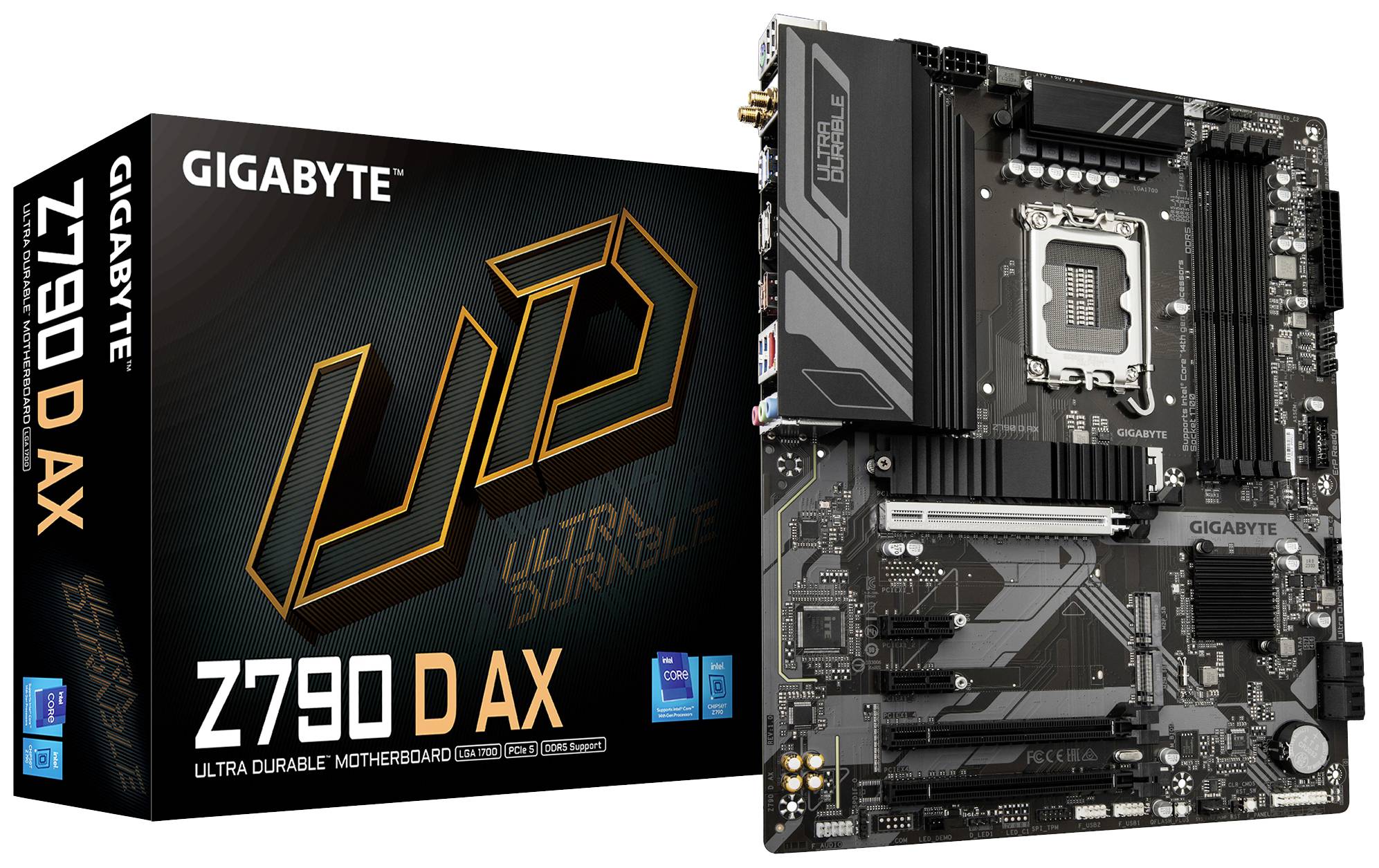 Matična plošča in embalaža 'GIGABYTE Z790 DAX'. Glavna plošča prikazuje več priključkov in rež, poudarjenih z dizajnom 'Ultra Durable'.