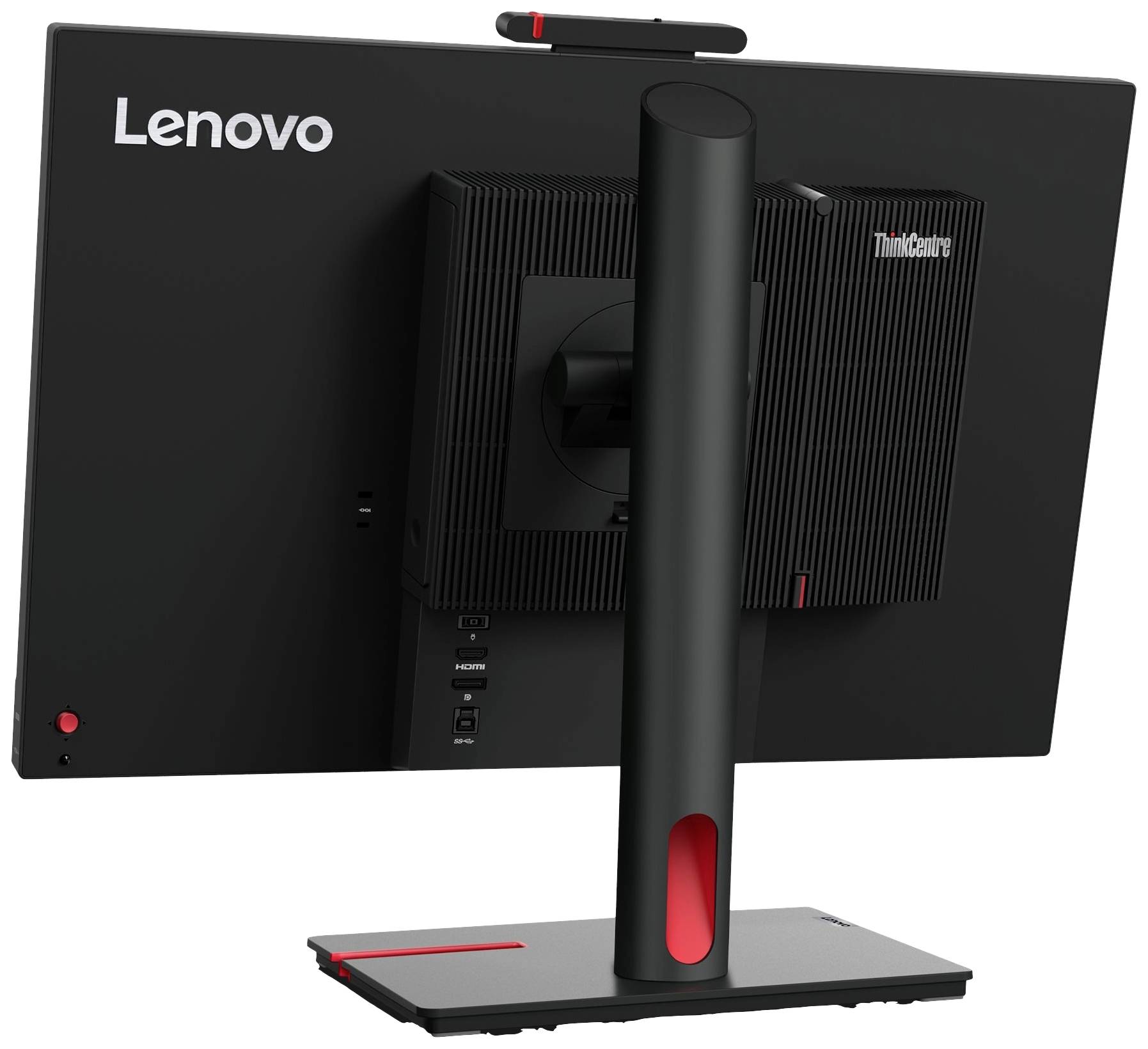 Lenovov ThinkCentre monitor v črni barvi z rdečim poudarkom, prikazuje zadnjo stran z stabilno podstavo in več priključki.