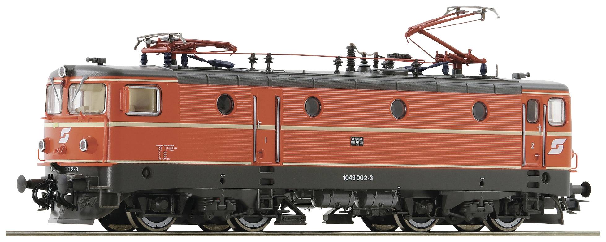 Rdeče-črn model električne lokomotive z logotipom avstrijskih zveznih železnic in napisom '1041.03'.