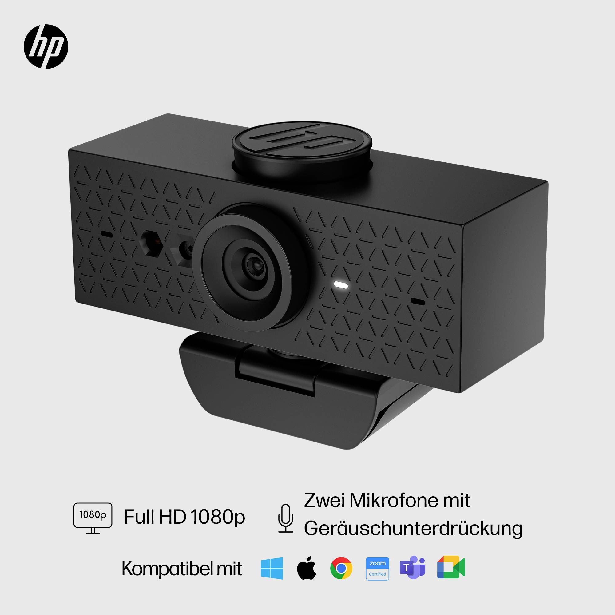 Spletna kamera s Full HD 1080p, dvema mikrofonoma in zatiranjem hrupa. Združljiva z različnimi aplikacijami, logotip HP zgoraj levo.
