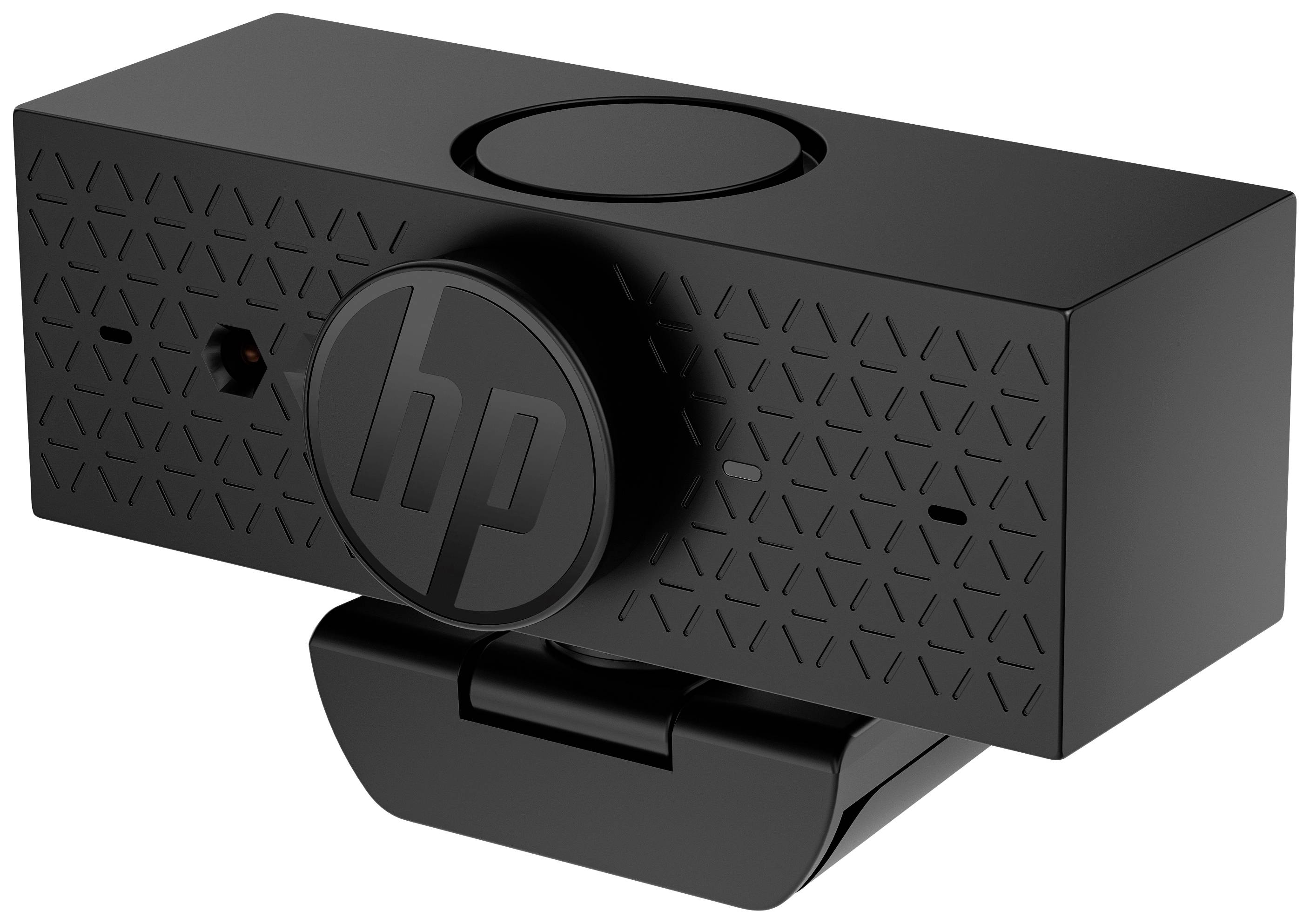 Črna zunanja spletna kamera z logotipom HP spredaj in pritrjenim sponskim mehanizmom za pritrditev na monitor.