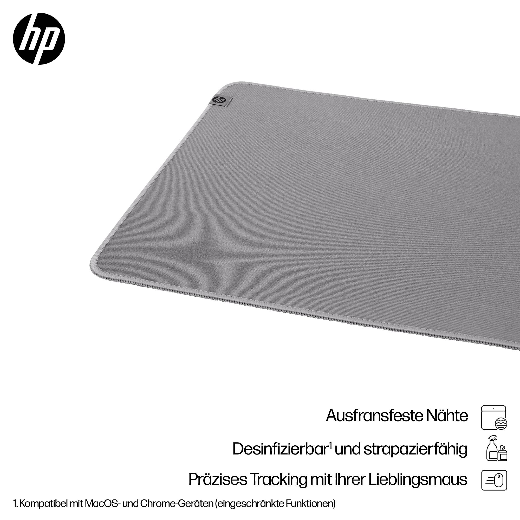 Siva HP podloga za miško z ojačanimi šivi. Je razkužljiva in nudi natančno sledenje. Združljiva z napravami MacOS in Chrome.
