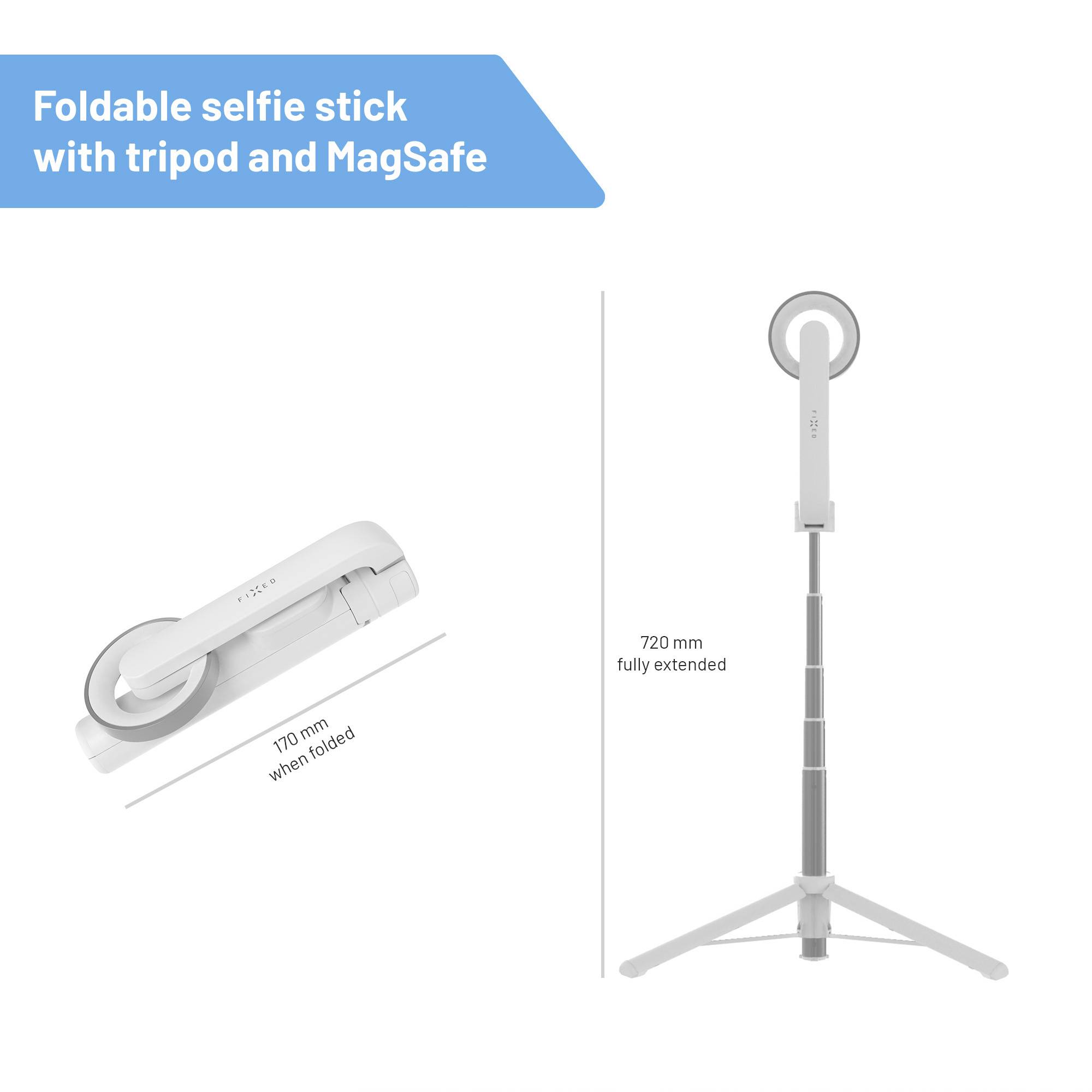 Zložljiv selfie-palični stativ z MagSafe, razpet do 720 mm, zložen pa 170 mm.