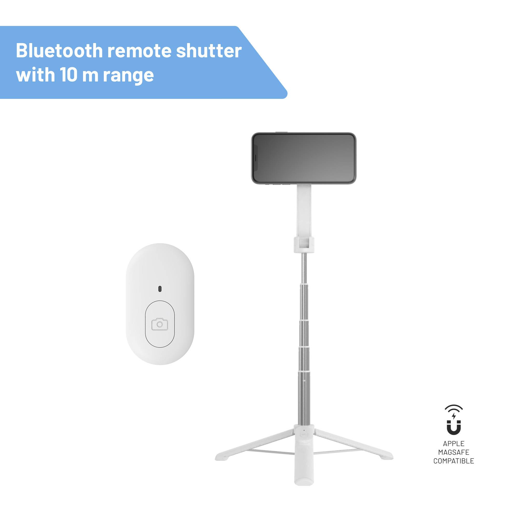 Bluetooth daljinski sprožilec z dosegom 10 m, združljiv z izdelki Apple, zraven pametnega telefona, pritrjenega na stativ.