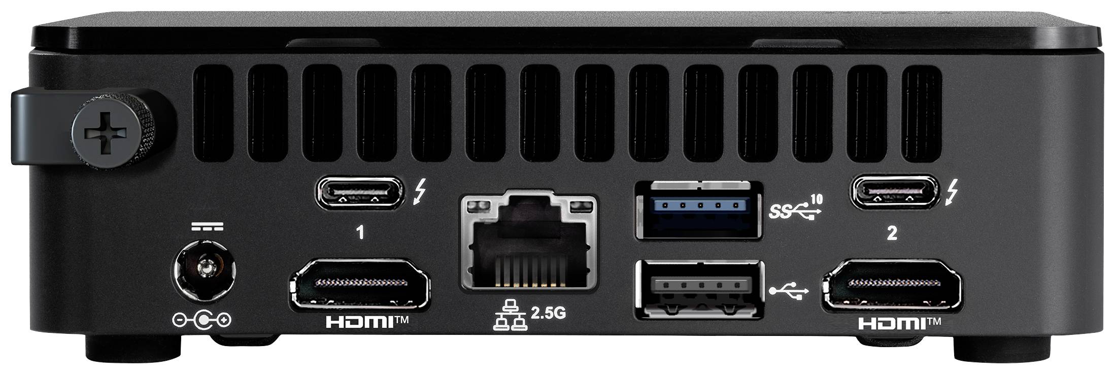 Hrbtna stran majhnega računalnika s priključki: 2 HDMI, 2 USB-C, 3 USB, 1 Ethernet (2,5G), priključek za napajanje.