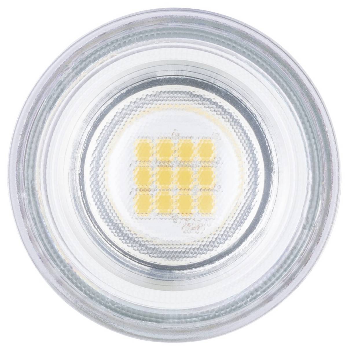 LED žarnica z vtičnico, ki ima vidne rumene diode in srebrn rob, prikazana iz zgornje perspektive.