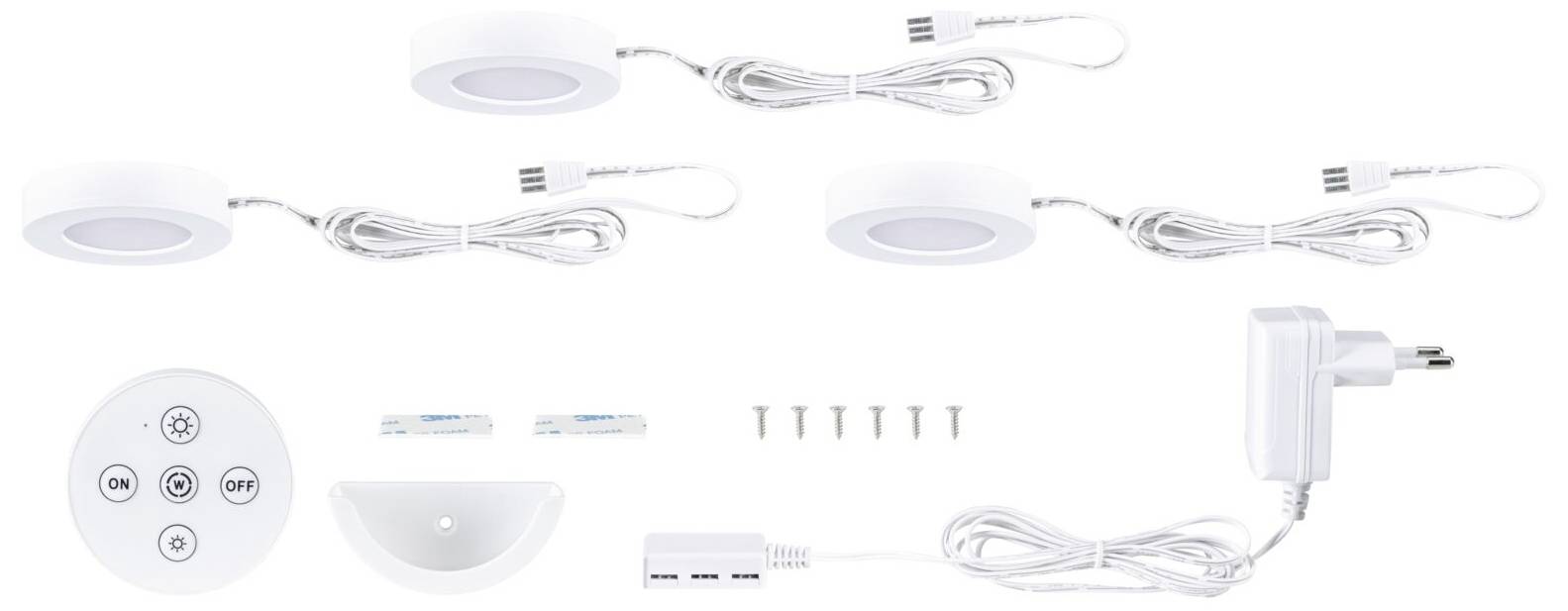 Tri okrogle LED-podpultne luči z napajalnikom in krmiljenjem: vklop/izklop, timer in svetlost. Vijaki in pritrdilni nosilec vključeni. Idealno za osvetlitev kuhinje.