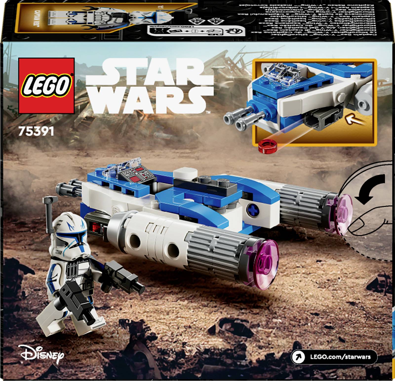 LEGO 'Vojna zvezd' komplet z miniaturno figuro Clone Trooperja in modrim hitrostnim kolesom na puščavski pokrajini. Številka kompleta: 75391.