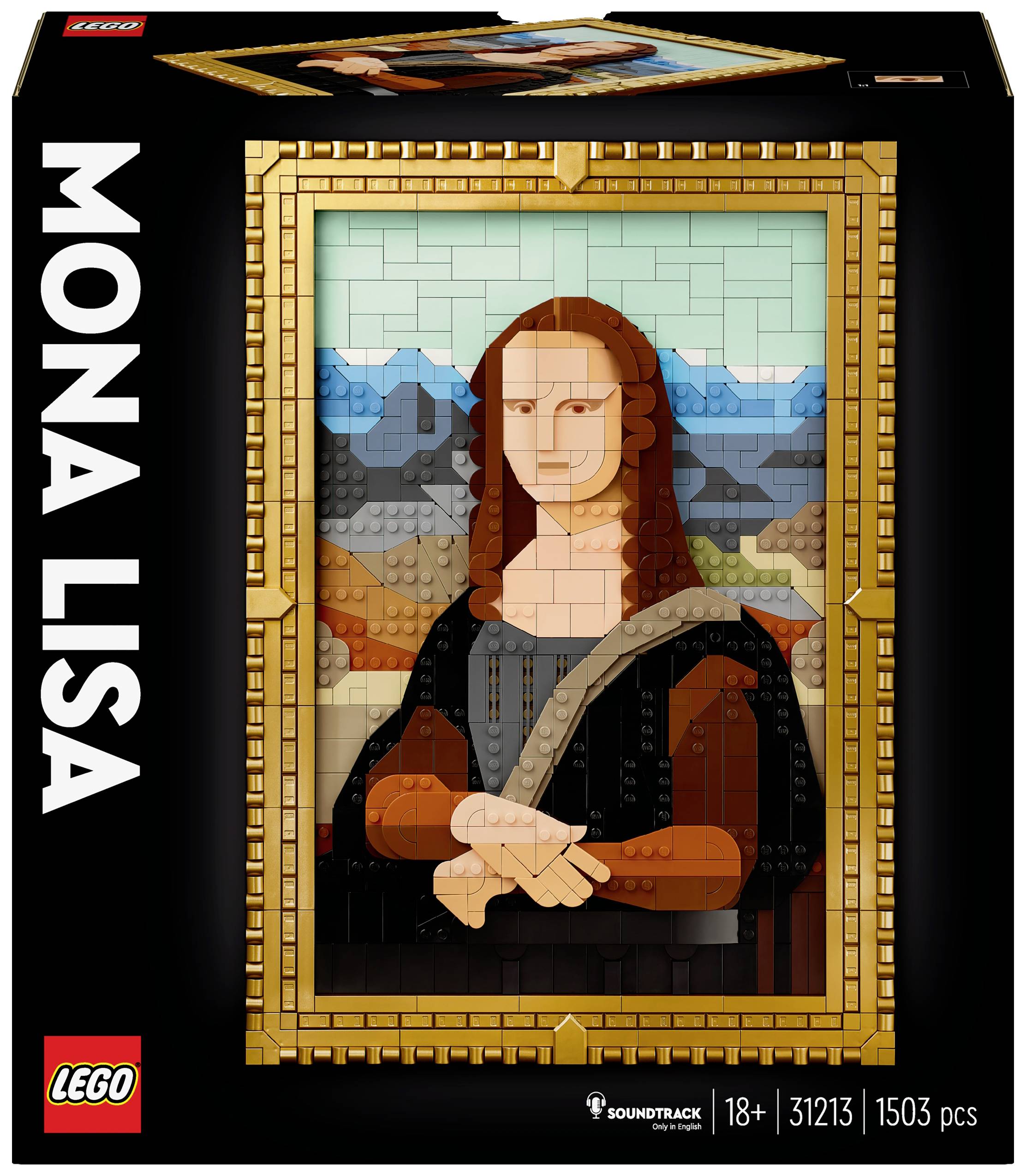LEGO komplet v škatli s posnetkom 'Mona Lise' kot mozaik iz 1503 delov. Priporočena starost: od 18 let naprej.