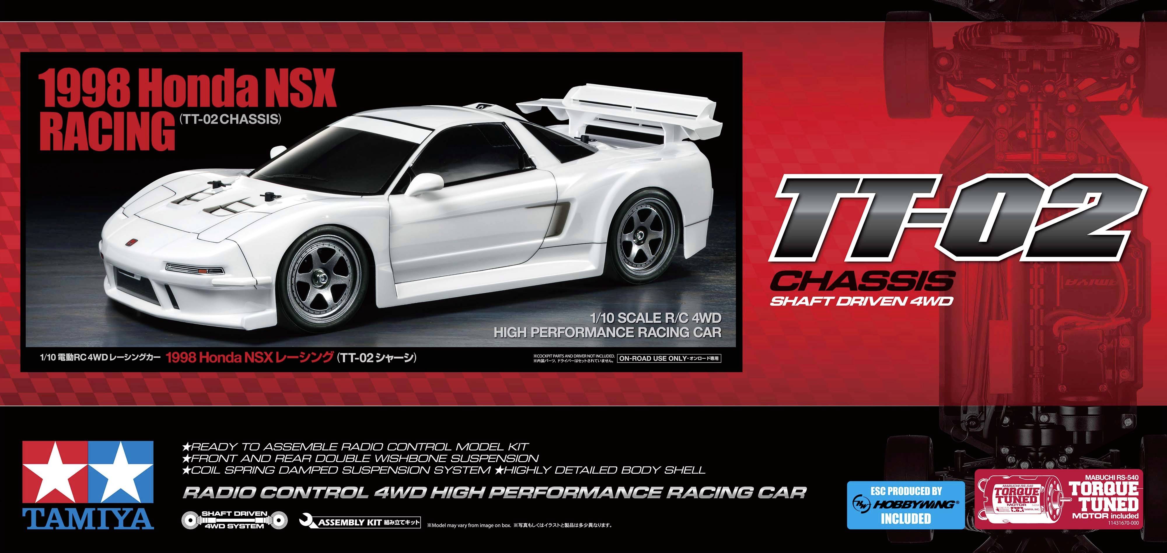 '1998 Honda NSX dirkaški model v merilu 1:10, TT-02 šasija, štirikolesni pogon RC-avto. Vsebuje komplet za sestavo in aerodinamično karoserijo.'