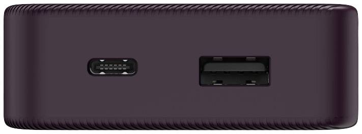 Vijolična powerbank z USB-C priključkom na levi in USB-A priključkom na desni.