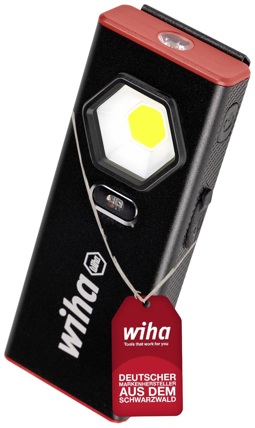 Črna LED-svetilka znamke Wiha z rdečim stikalom in nalepko 'Nemški blagovni proizvajalec iz Schwarzwalda'.
