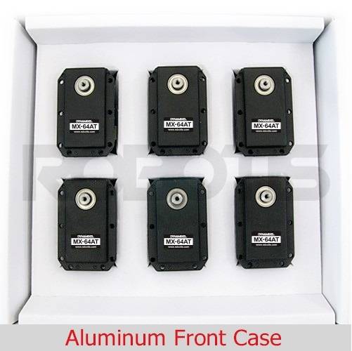 Šest črnih servo motorjev (model MX-64AT) leži v beli embalaži. Besedilo na sliki: 'Aluminum Front Case'.