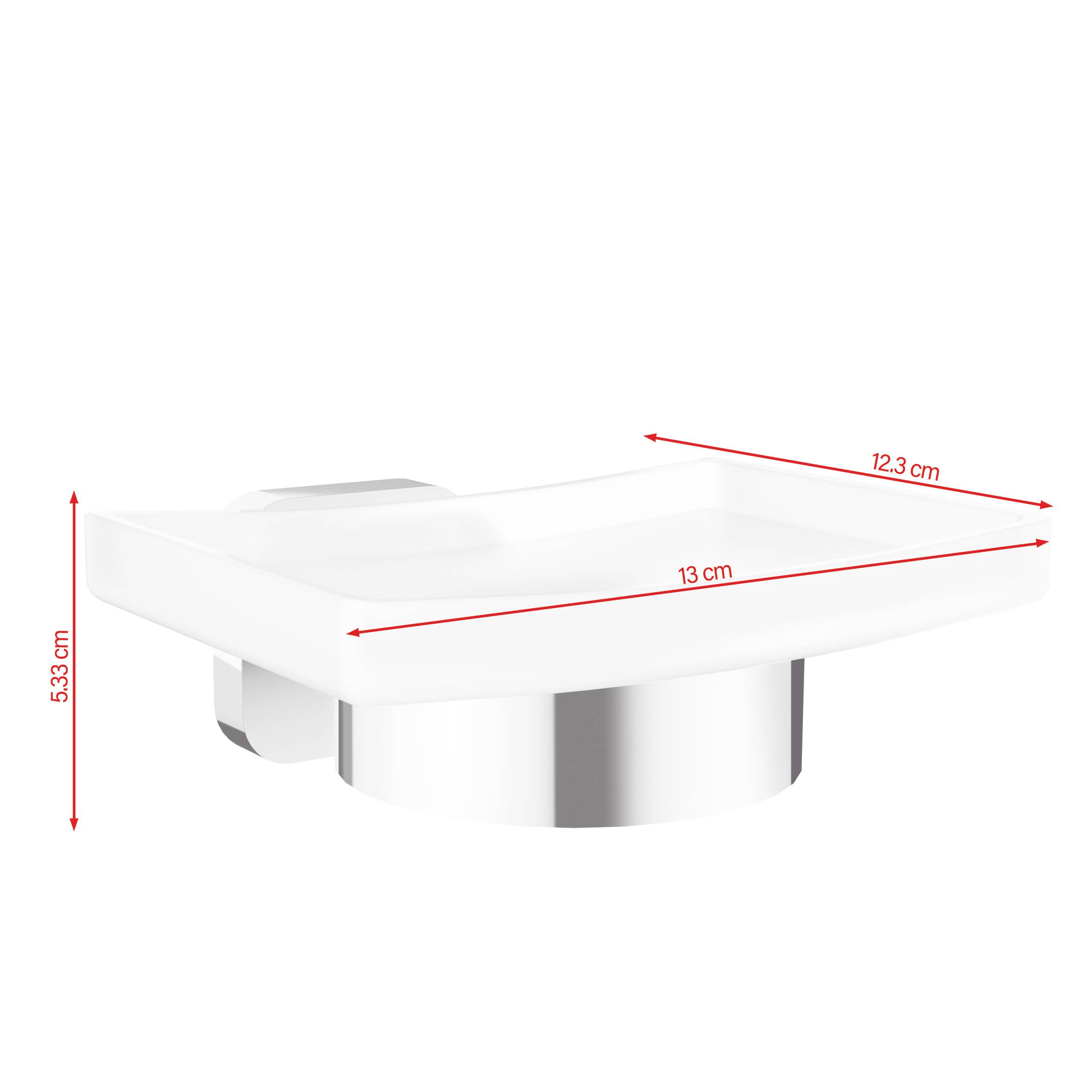 Slika prikazuje pravokotno stekleno polico z dimenzijami 12,3 cm in 13 cm v dolžini ter 5,3 cm v globini.