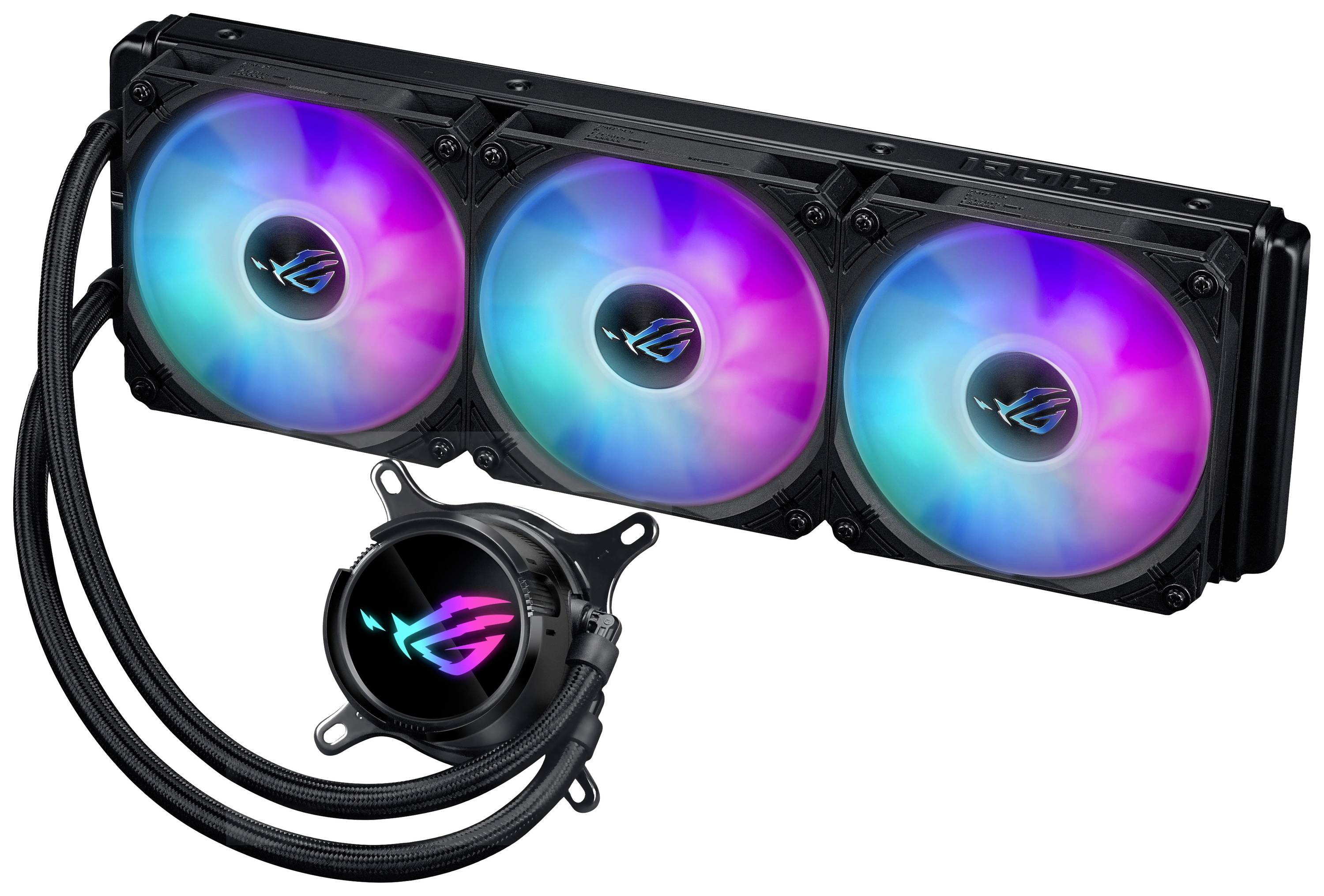Računalniški sistem vodnega hlajenja s tremi RGB osvetljenimi ventilatorji in okroglim hladilnikom, na katerem sveti logotip.