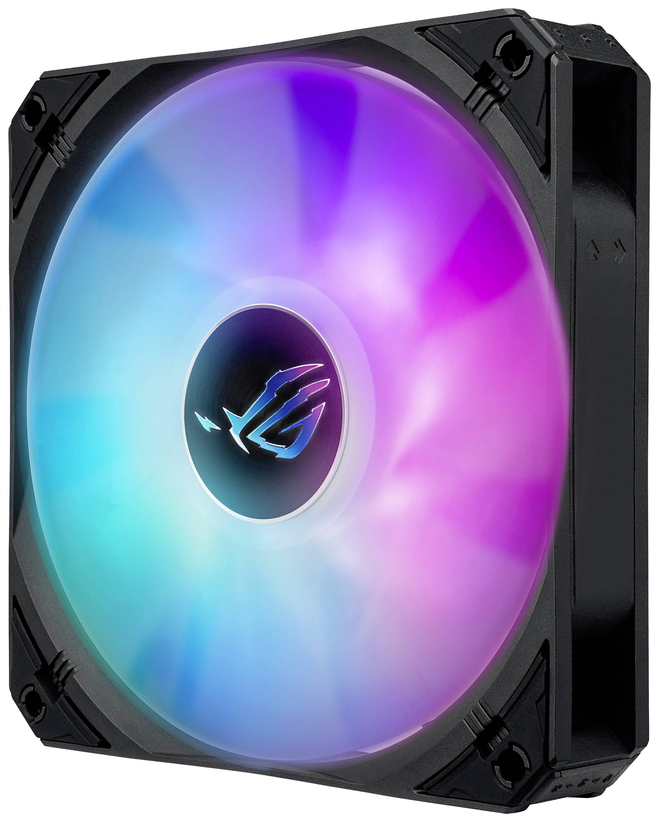 Računalniški ventilator z RGB-osvetlitvijo v različnih barvah, od modre do rožnate. Ventilator ima krožno obliko z osrednjim logotipom.