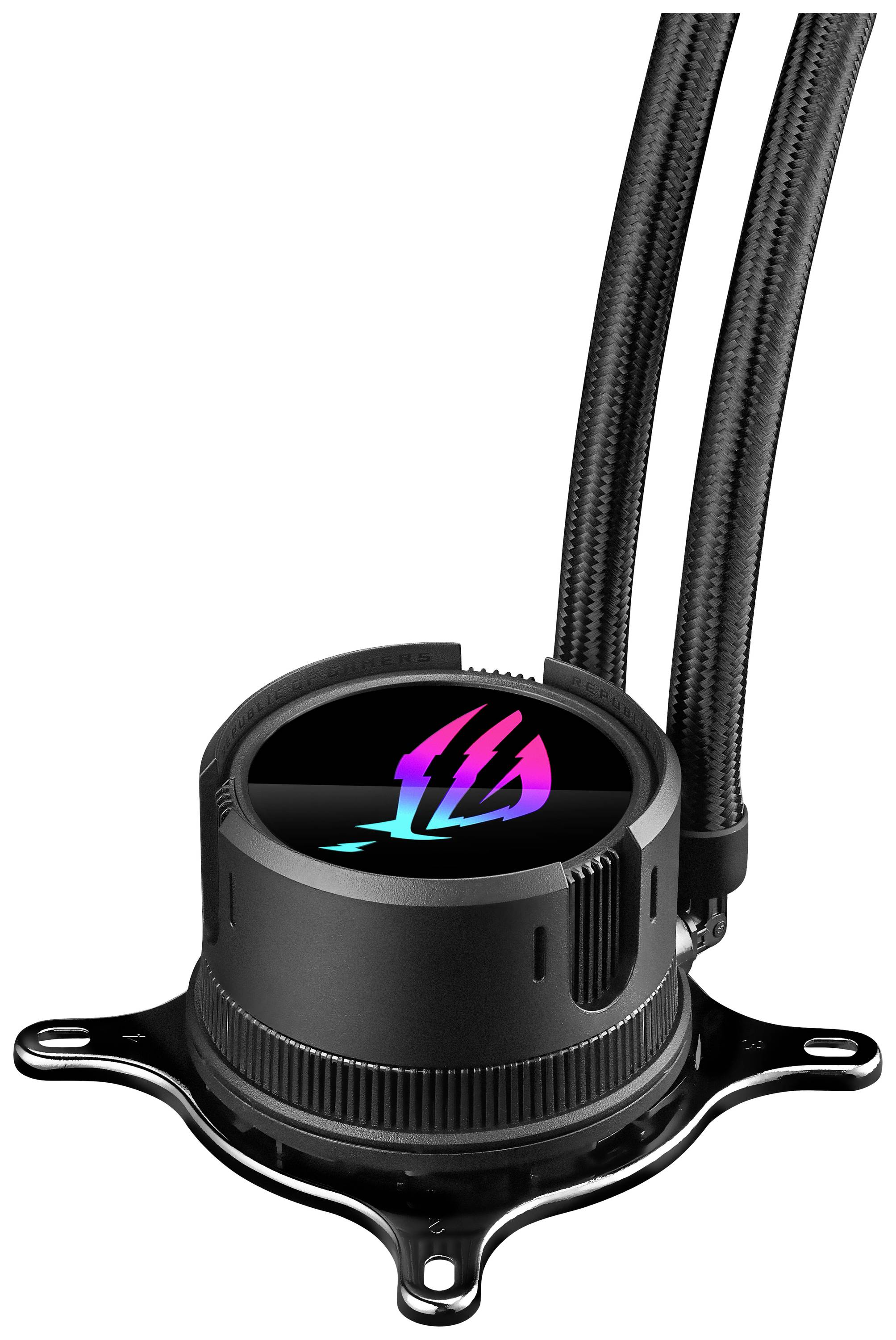 Črni CPU vodni hladilnik z dvema cevema in svetlečim barvnim logotipom na vrhu. Namenjen je hlajenju računalniških procesorjev.