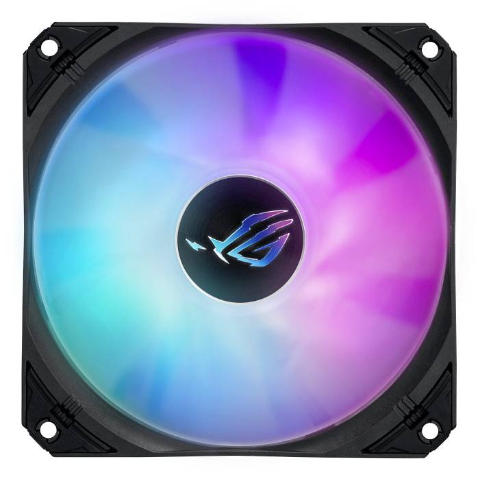 Ohišni ventilator za računalnik z RGB osvetlitvijo v različnih barvah, v sredini opremljen z logotipom.