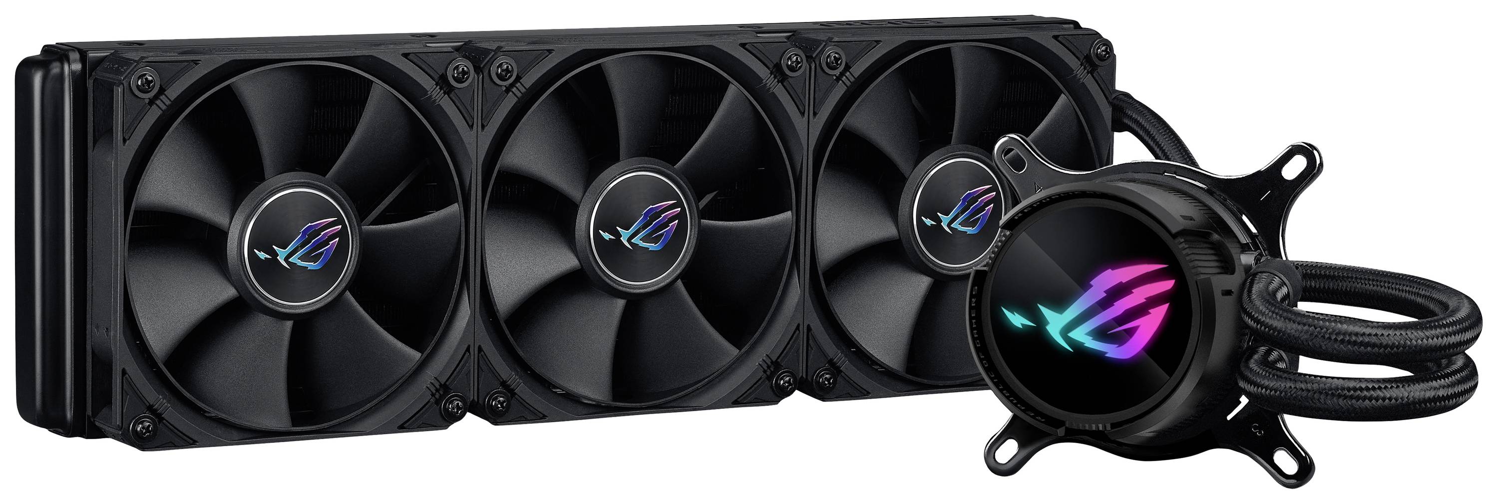 Črni CPU hladilnik za vodo s tremi ventilatorji in izrazitim svetlečim logotipom na sredini, primeren za gaming računalnike.