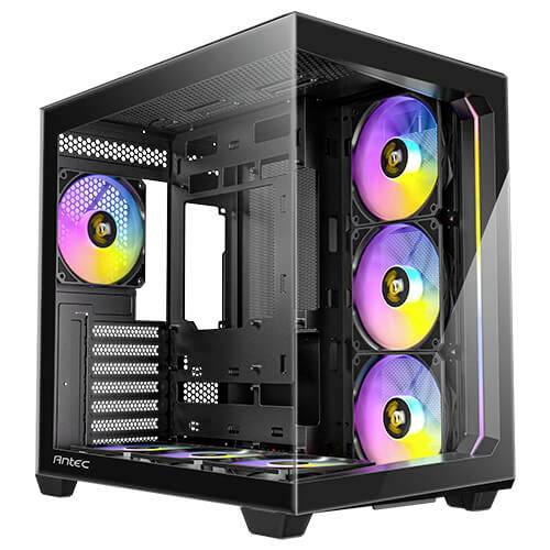 Računalniško ohišje s prosojnimi stranicami in več vgrajenimi ventilatorji z RGB osvetlitvijo.