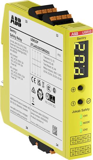 Varnostni rele-modul 'Sentry USR10P' podjetja ABB z displejem, več priključnimi možnostmi in varnostnimi certifikati.
