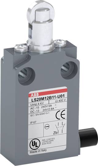 Industrijski stikalni element ABB, model LS20M12B11-U01, siv, z oznako električnih specifikacij, kot so napetost in stopnja zaščite IP67.