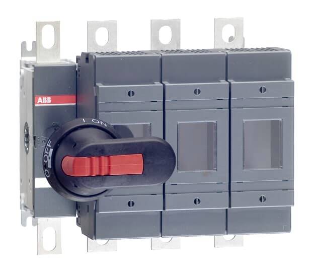 Elektronski stikalo znamke ABB z rdečim vrtljivim gumbom, ki prikazuje 'ON' in 'OFF', pritrjeno na kovinski plošči.