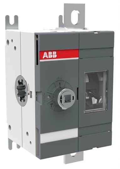 Električni stikalni element ABB v sivi in rdeči barvni kombinaciji, nameščen, prikazan v čelnem pogledu z vrtljivim gumbom.
